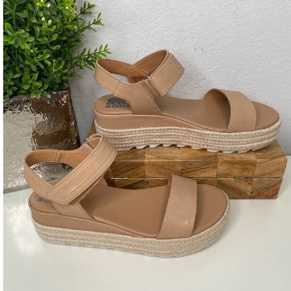 Sorel Cameron Flatform Leather Espadrille Sandals Tan Leather Hook & Loop Size 8 - Picture 2 of 11